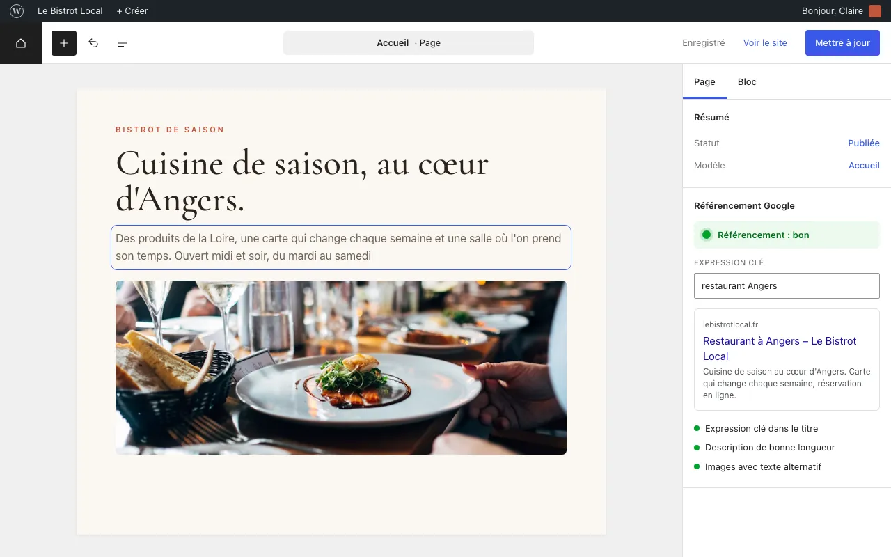Espace de modification simple d'un site WordPress, avec indicateur de référencement Google