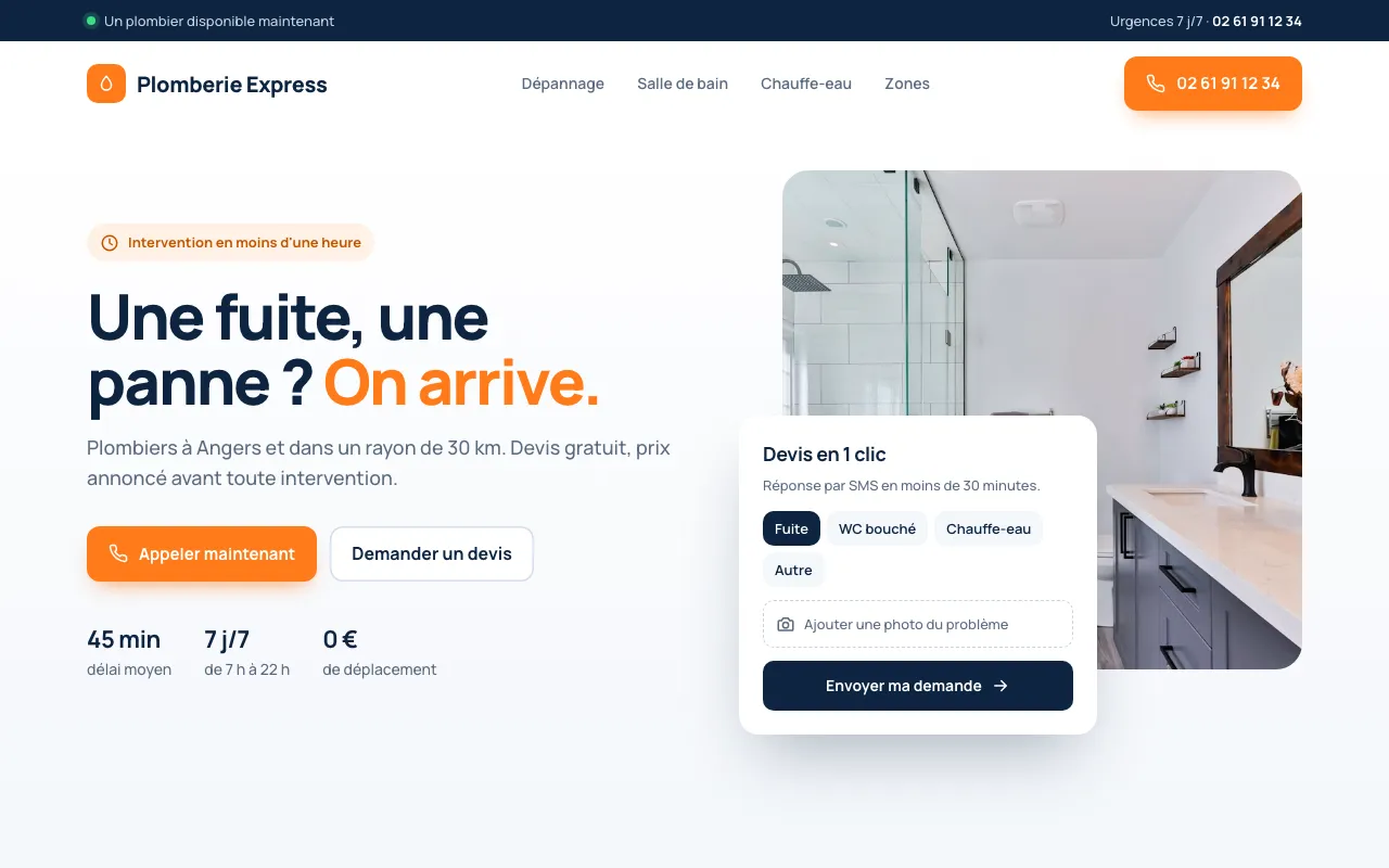 Exemple de site internet pour un plombier avec demande de devis en ligne